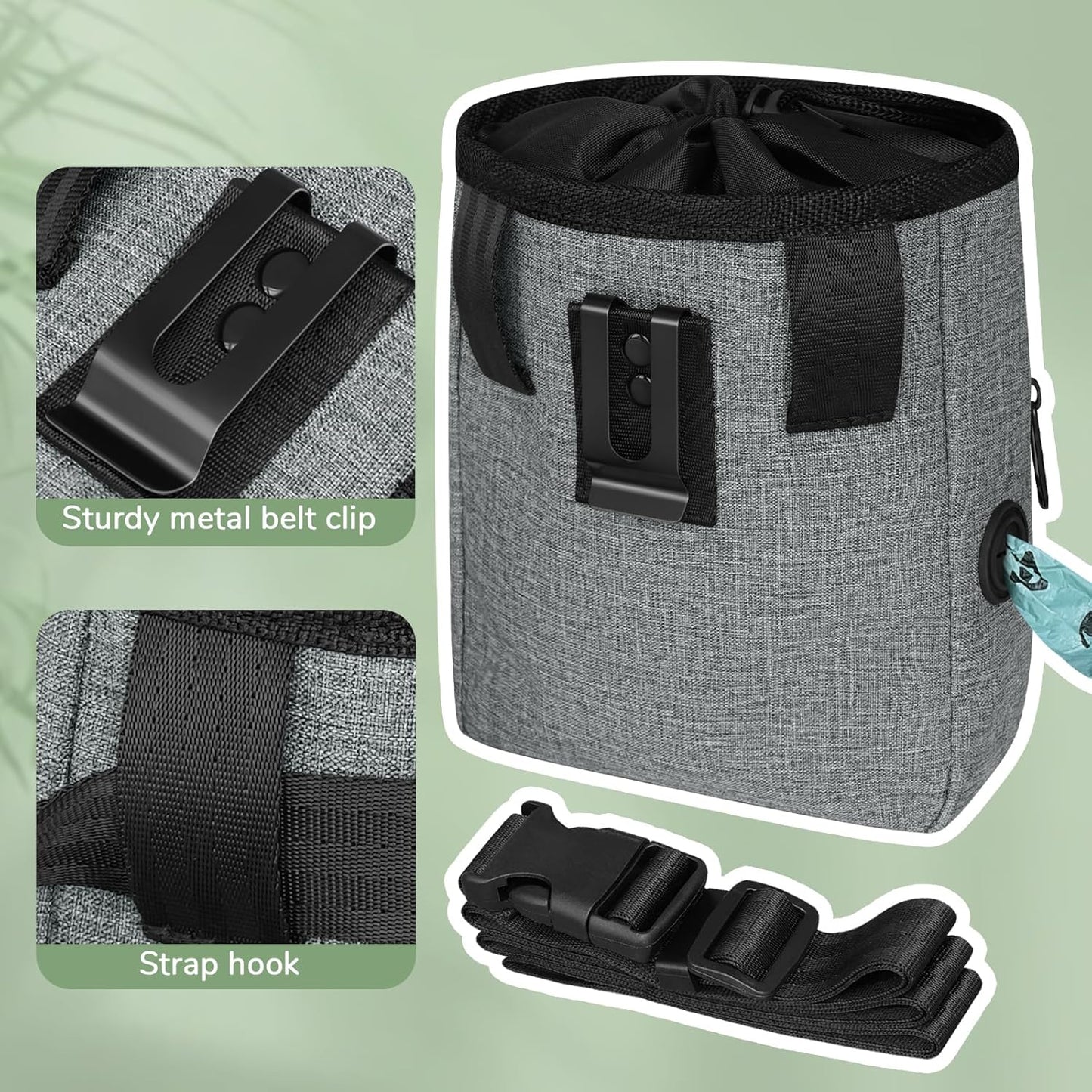LIOOPET Dog Treat Pouch - Fashionable Green&Grey Design - Large Capacity Dog Treat Bag for Dog Walks, Outdoor Activities, Travel and Training - Includes 1 Poop Bags - PuriLite