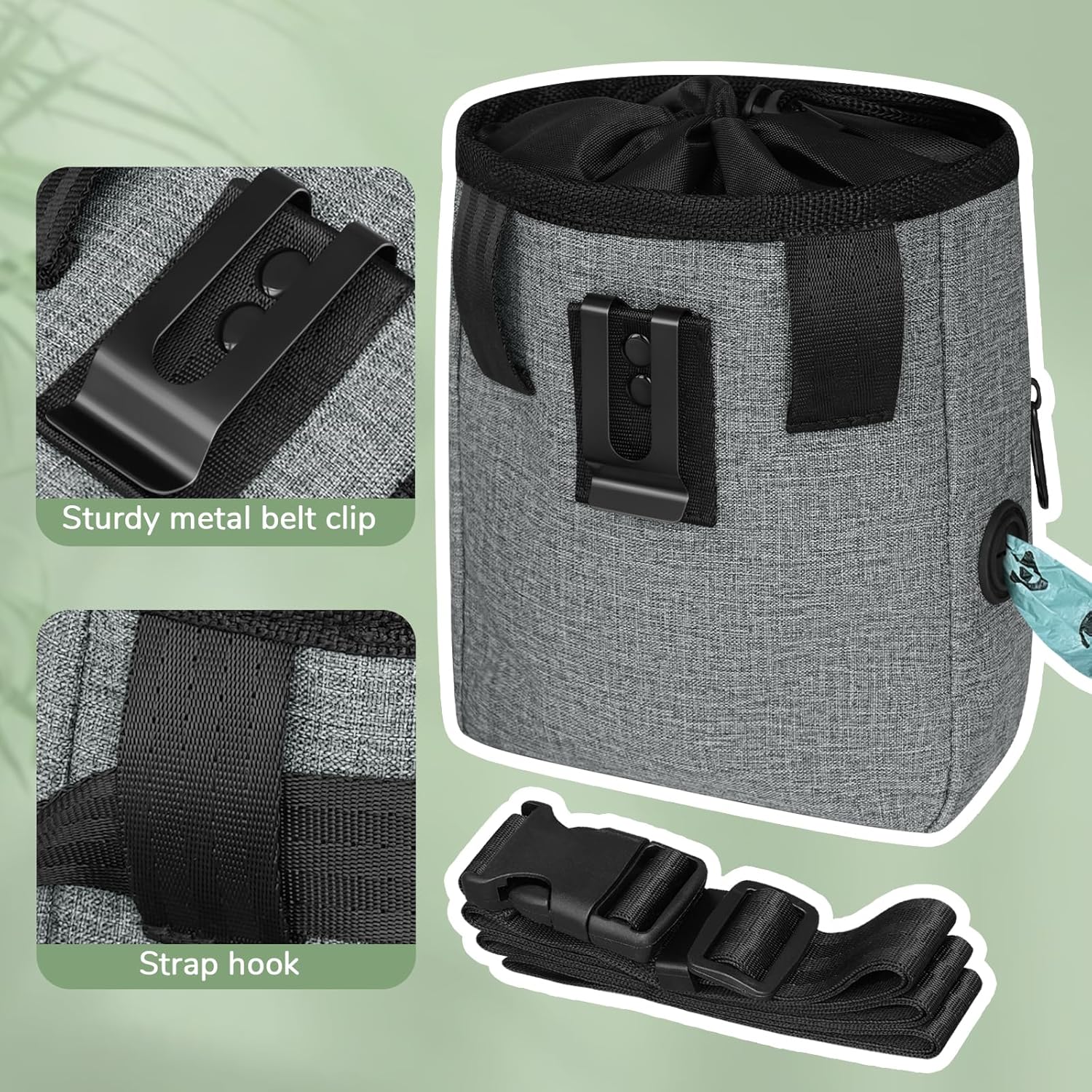 LIOOPET Dog Treat Pouch - Fashionable Green&Grey Design - Large Capacity Dog Treat Bag for Dog Walks, Outdoor Activities, Travel and Training - Includes 1 Poop Bags - PuriLite