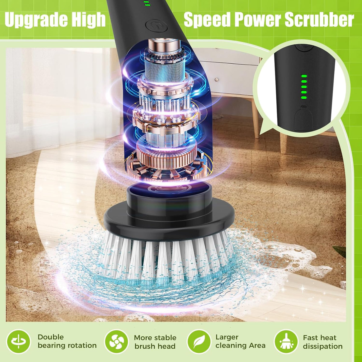 YKYI Electric Spin Scrubber,Cordless Electric Cleaning Brush,Shower Scrubber with 8 Replaceable Brush Heads,Power Scrubber 2 Adjustable Speeds,Bathroom Brush with Long Handle for Bathtub,Tile,Floor - PuriLite
