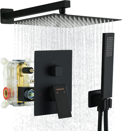Fransiton Shower System Rain Shower System Set Ceiling Mounted, Rainfall Shower Head with Handheld, Bathroom Shower Kit (Valve Included) (8" - Wall Mount, Matte Black) - PuriLite