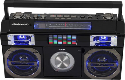 Studebaker SB2145S 80's Retro Street Bluetooth Boombox with FM Radio, CD Player, LED EQ, 10 Watts RMS and AC/DC in Silver - PuriLite