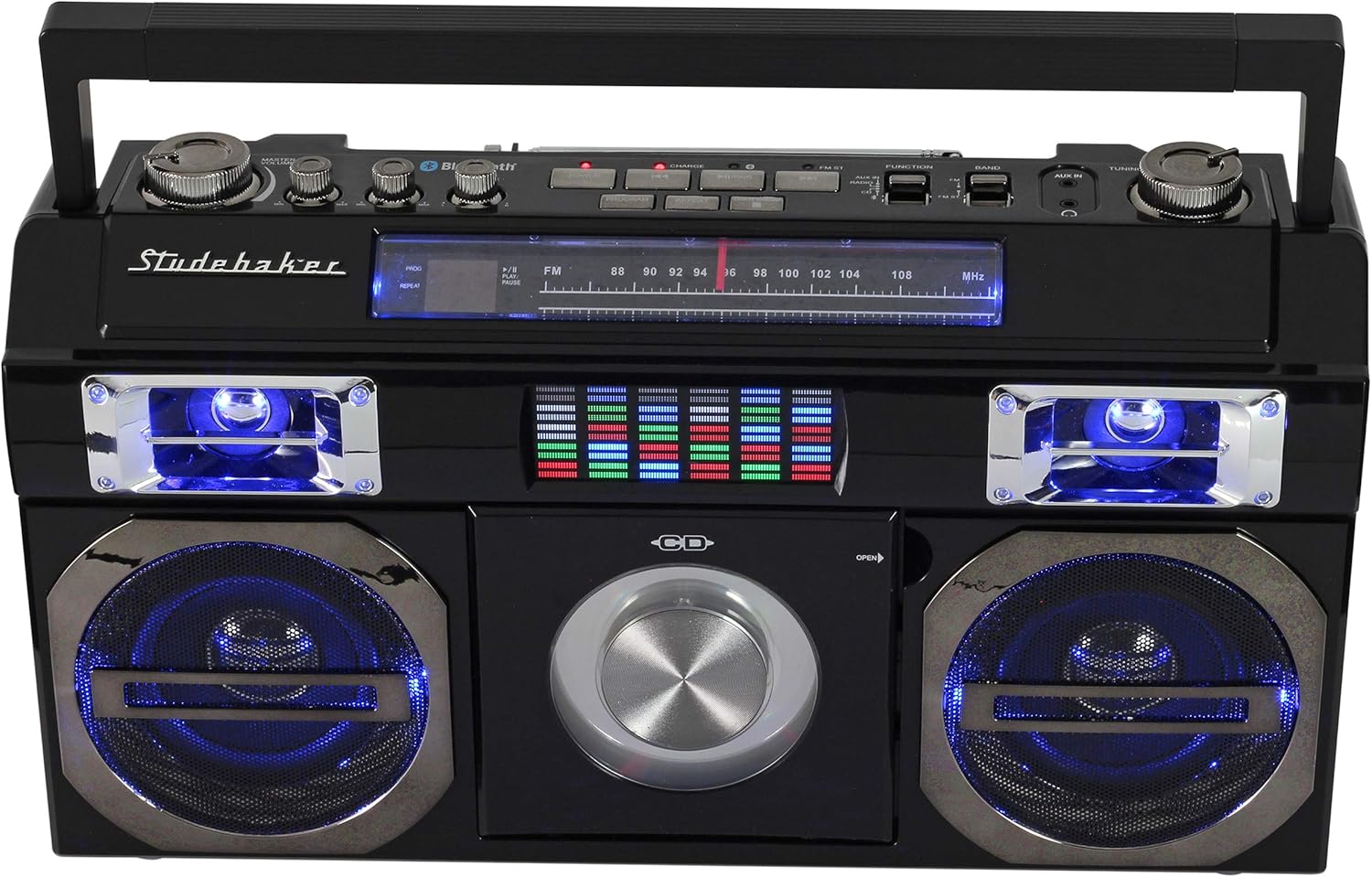 Studebaker SB2145B 80's Retro Street Bluetooth Boombox with FM Radio, CD Player, LED EQ, 10 Watts RMS Power and AC/DC - PuriLite