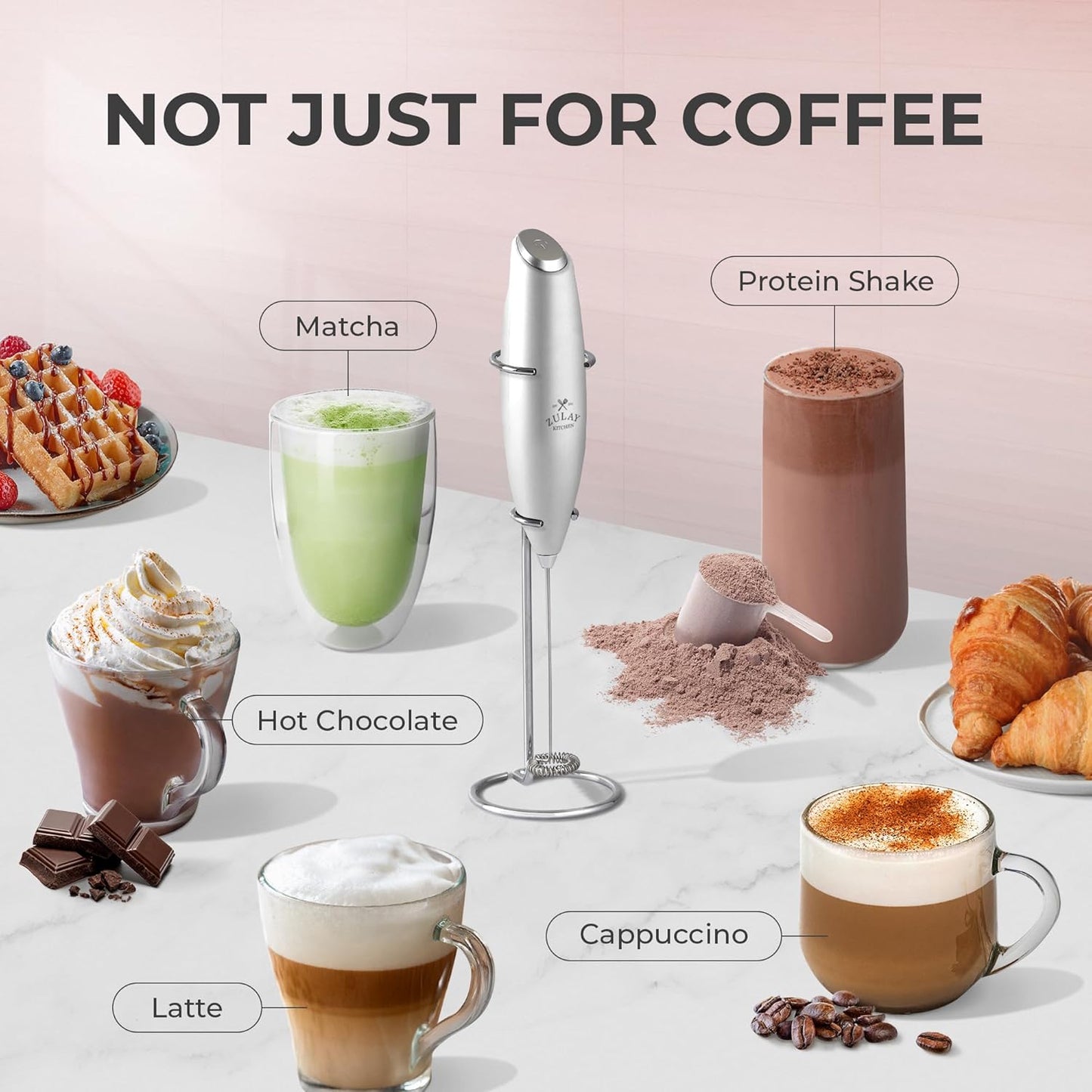 Zulay Kitchen Powerful Double Whisk Milk Frother Handheld - Foam Maker with Stand - Whisk Drink Mixer for Coffee, Mini Foamer for Latte, Matcha, Frappe, Hot Chocolate & Cappuccino (Black) - PuriLite