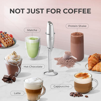 Zulay Kitchen Powerful Double Whisk Milk Frother Handheld - Foam Maker with Stand - Whisk Drink Mixer for Coffee, Mini Foamer for Latte, Matcha, Frappe, Hot Chocolate & Cappuccino (Black) - PuriLite
