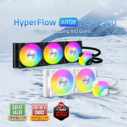 MONTECH HyperFlow ARGB 360 - AIO CPU Liquid Cooler, Intel&AMD Compatible, Chart-Topping Performance, Enhanced 3100RPM Water Pump Design, 3X Metal Pro 12 ARGB Ultimate Cooling Fans - Black - PuriLite
