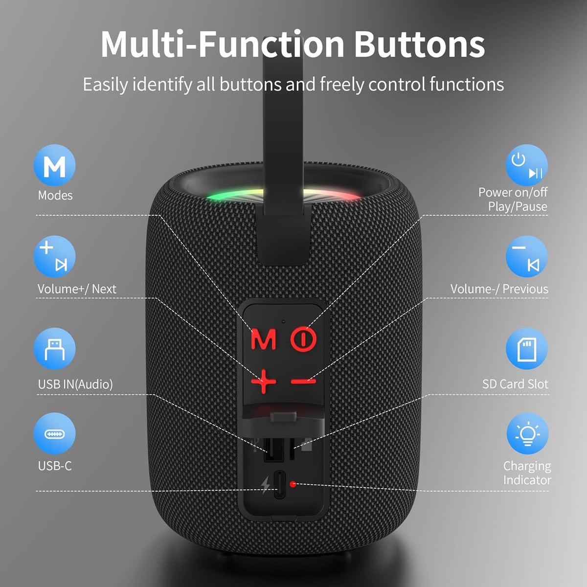 Oraolo Bluetooth Speaker, Portable Bluetooth Speakers with Immersive Audio, LED Lights, 8H Playtime, Bluetooth 5.4, Support TWS TF USB, IPX6 Waterproof Wireless Speakers for Outdoor Camping Home - PuriLite
