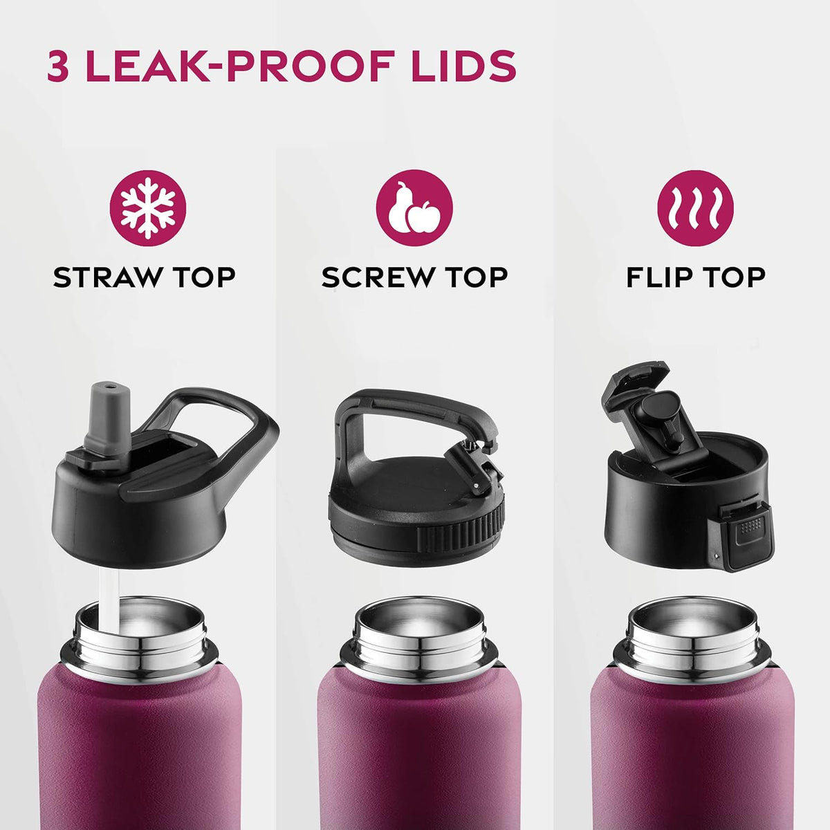 FineDine Water Bottle - Stainless Steel Insulated Water Bottle with Straw Lid, Flip Lid & Wide-Mouth Cap - Keeps Hot and Cold - 25 Oz / 739ml - Pure Pearly White - PuriLite
