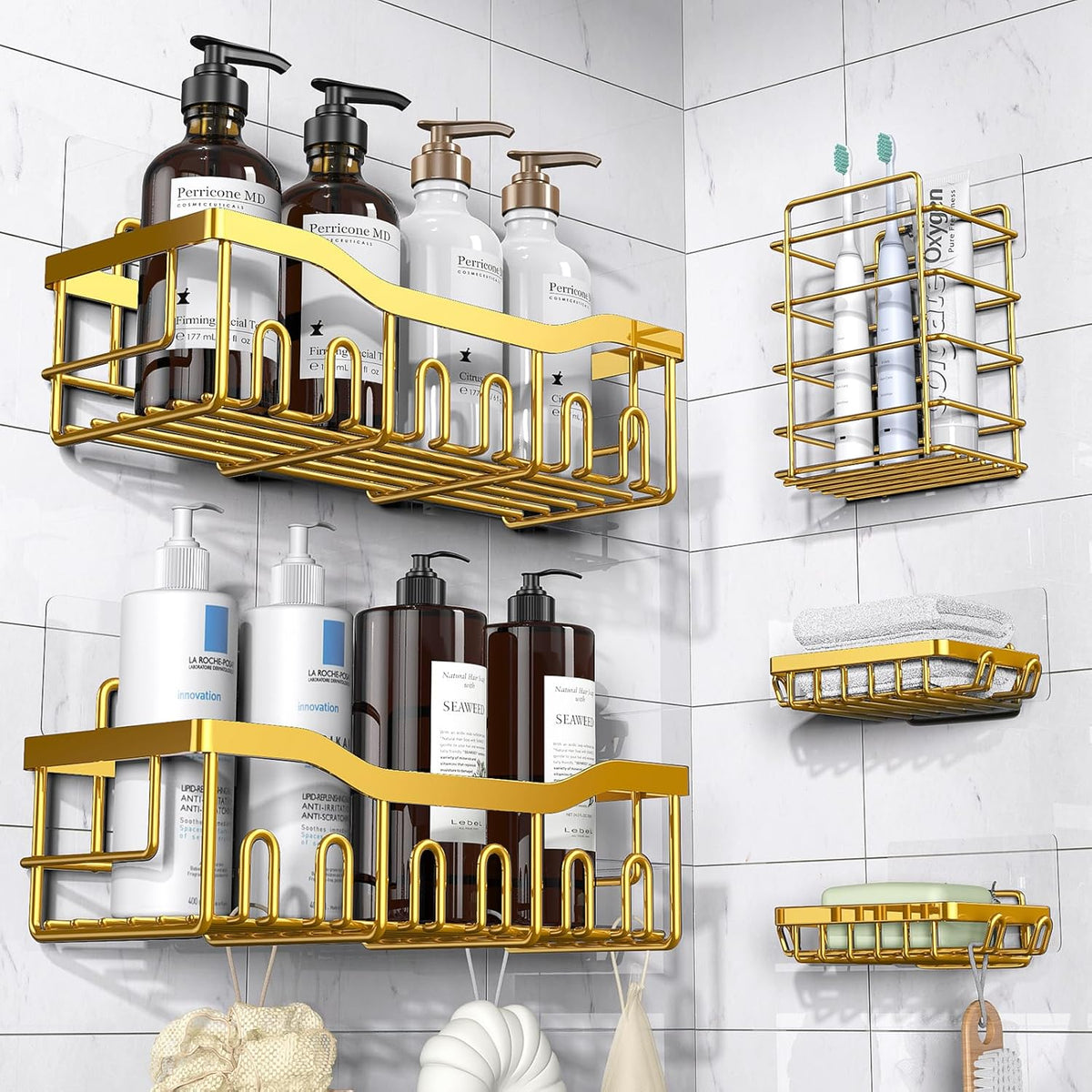 EUDELE 5-Pack Rustproof Stainless Steel Shower Caddy – No Drill Adhesive Bathroom Organizer with Large Capacity, Spacious Shower Shelves for Inside Shower, Kitchen & Home Decor Storage - PuriLite