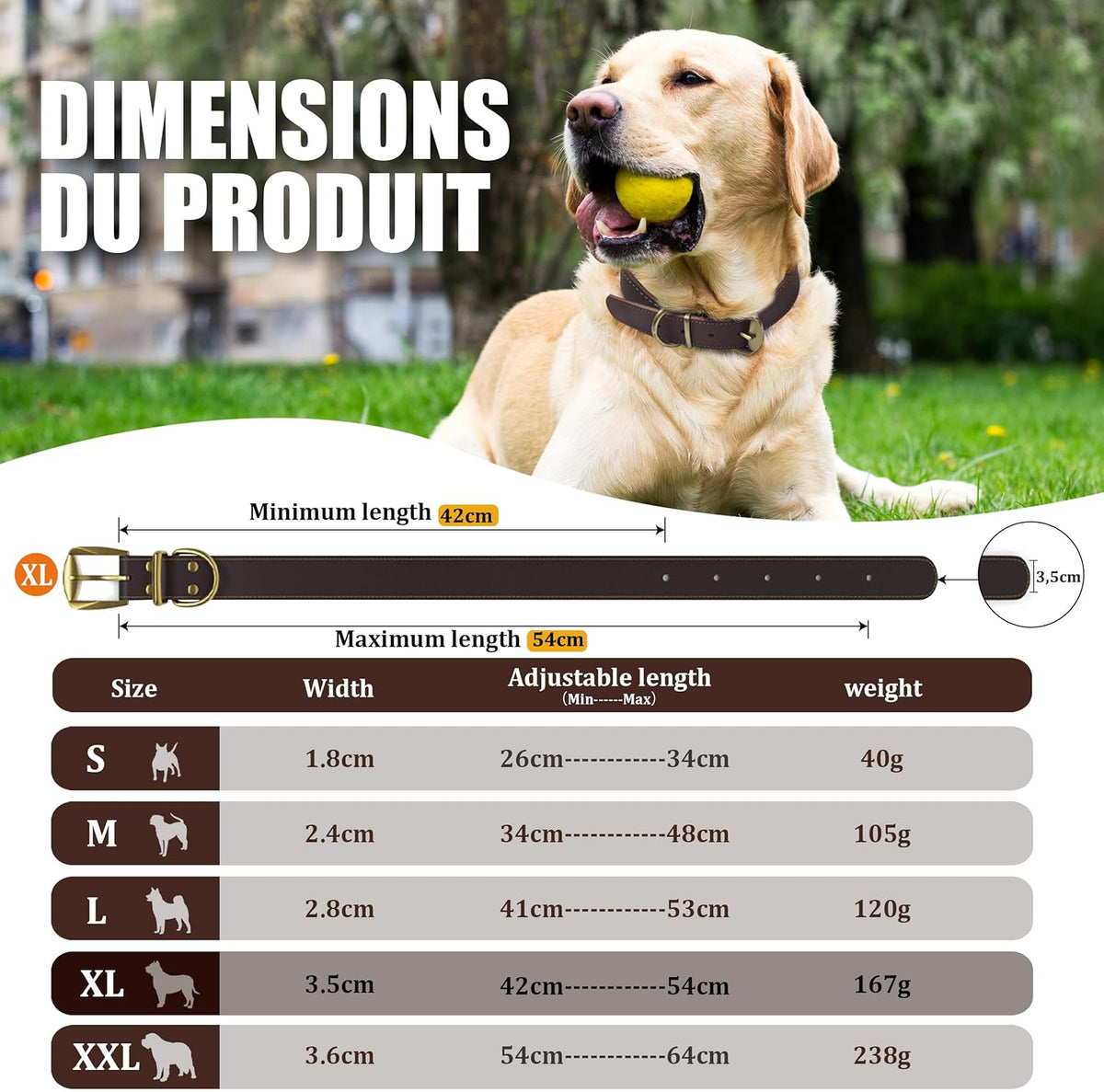 QRDA Leather Dog Collar Brown Dog Training Collar Heavy Duty Premium Leather Dog Collar Dog Collars for Medium/Large Dogs - PuriLite