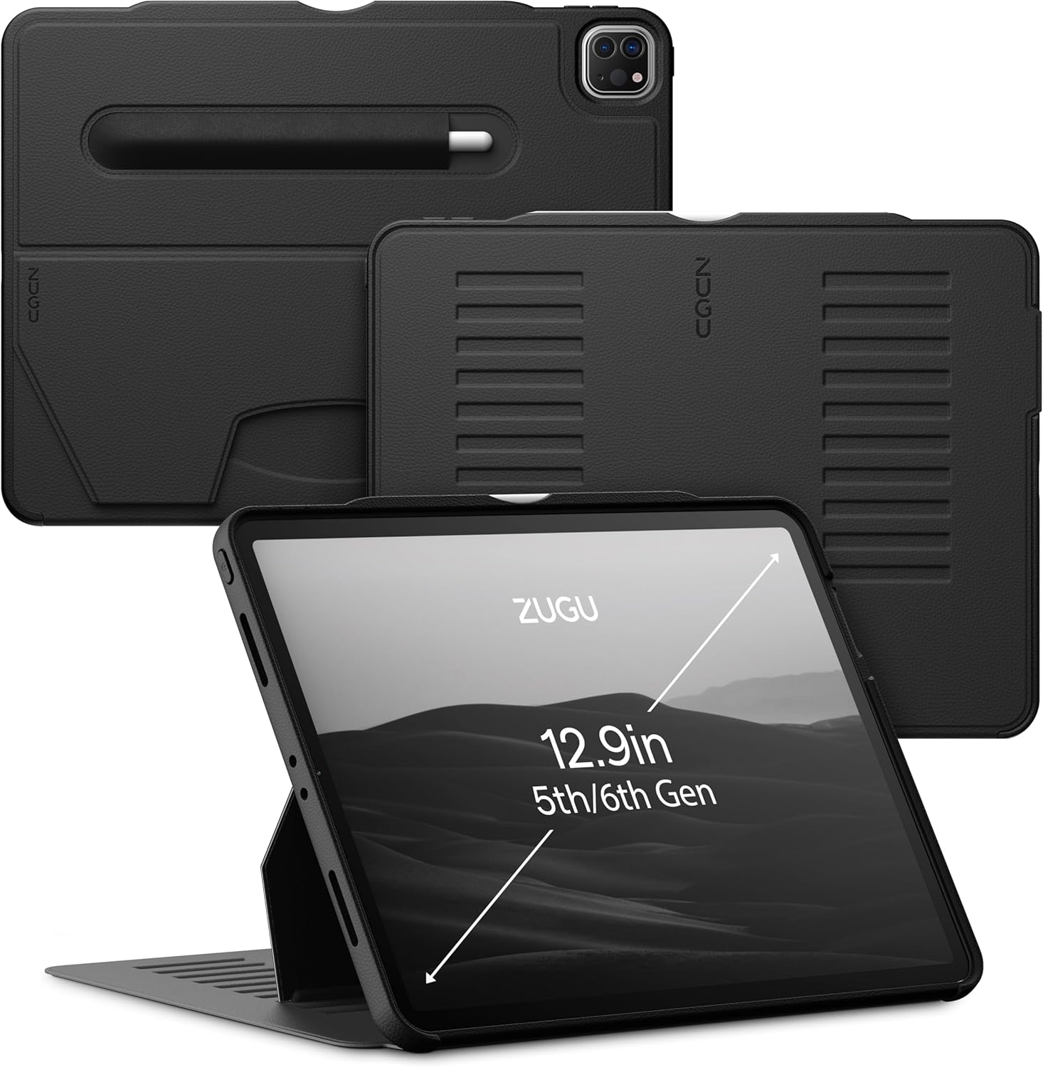 ZUGU iPad Pro 12.9 Case 2022/2021 6th & 5th Generation - Ultra Slim Protective Cover - Wireless Apple Pencil Charging - Convenient 10-Angle Magnetic Stand & Auto Sleep/Wake [ Black ] - PuriLite