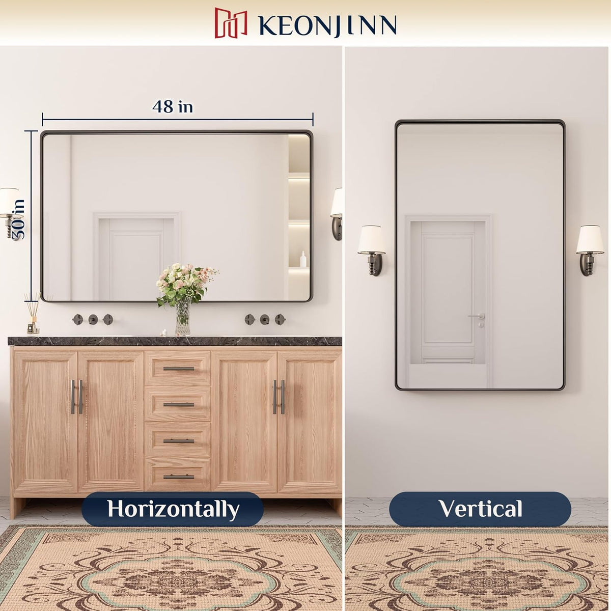 Keonjinn 42 x 36 Brushed Nickel Bathroom Vanity Mirror, Large Rounded Rectangle Bathroom Mirrors for over Sink, Metal Framed Silver Mirror for Wall, Shatterproof HD Tempered Glass(Horizontal/Vertical) - PuriLite