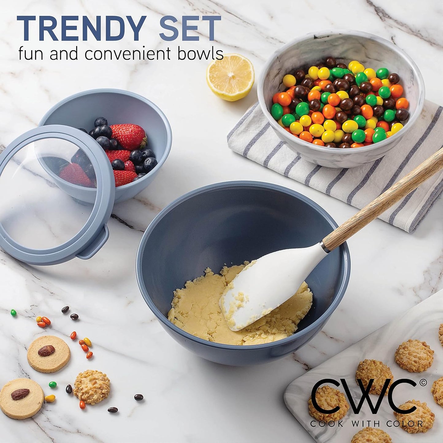 COOK WITH COLOR Mixing Bowls with TPR Lids - 12 Piece Plastic Nesting Bowls Set Includes 6 Prep Bowls and 6 Lids, Microwave Safe Mixing Bowl Set (Mint) - PuriLite