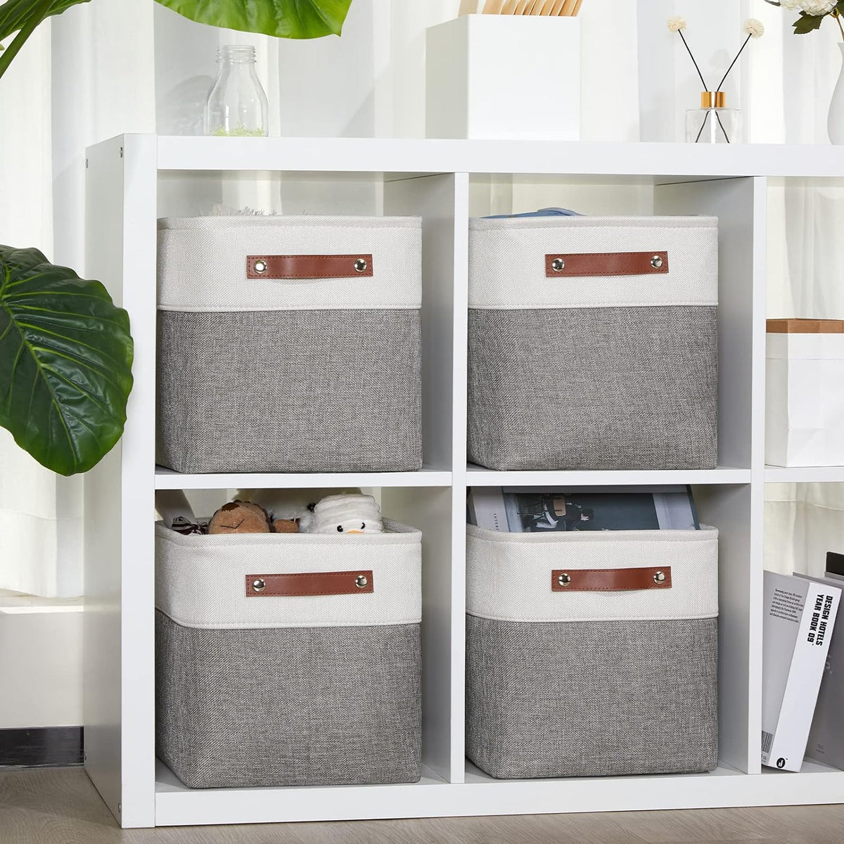 DULLEMELO Storage Baskets for Shelves, Fabric Collapsible Rectangular Storage Bins for Shelves, Closets, Nursery, Home, Office, Empty Gift Baskets (White&Teal) - PuriLite