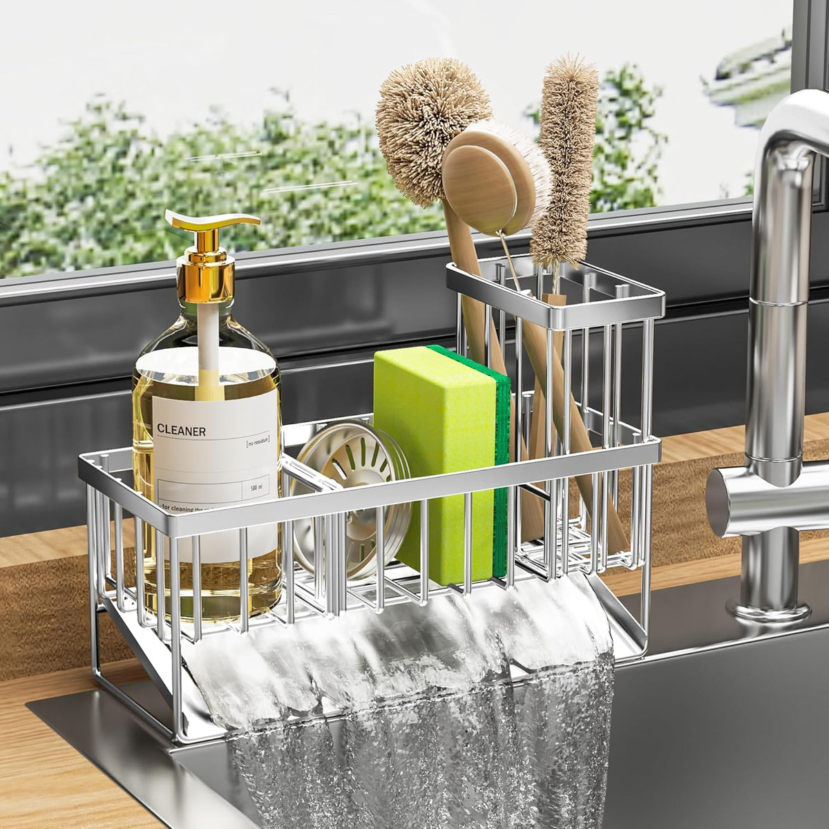 Cisily Kitchen Sink Caddy Organzier with High Brush Holder, Sponge Holder for Sink, 304 Rustproof Stainless, Kitchen Countertop Soap Dispenser Organizer, Kitchen Decor and Accessories (Black) - PuriLite