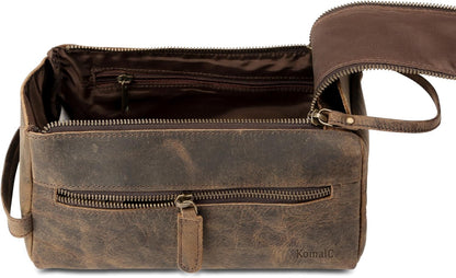 Premium Buffalo Leather Unisex Toiletry Bag Travel Dopp Kit Shaving kit (Distressed Tan) - PuriLite