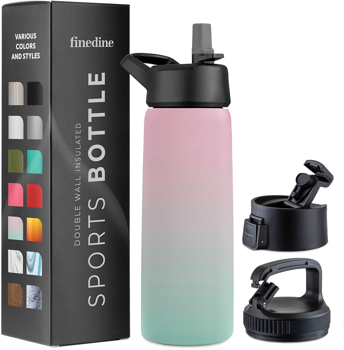 FineDine Water Bottle - Stainless Steel Insulated Water Bottle with Straw Lid, Flip Lid & Wide-Mouth Cap - Keeps Hot and Cold - 25 Oz / 739ml - Pure Pearly White - PuriLite