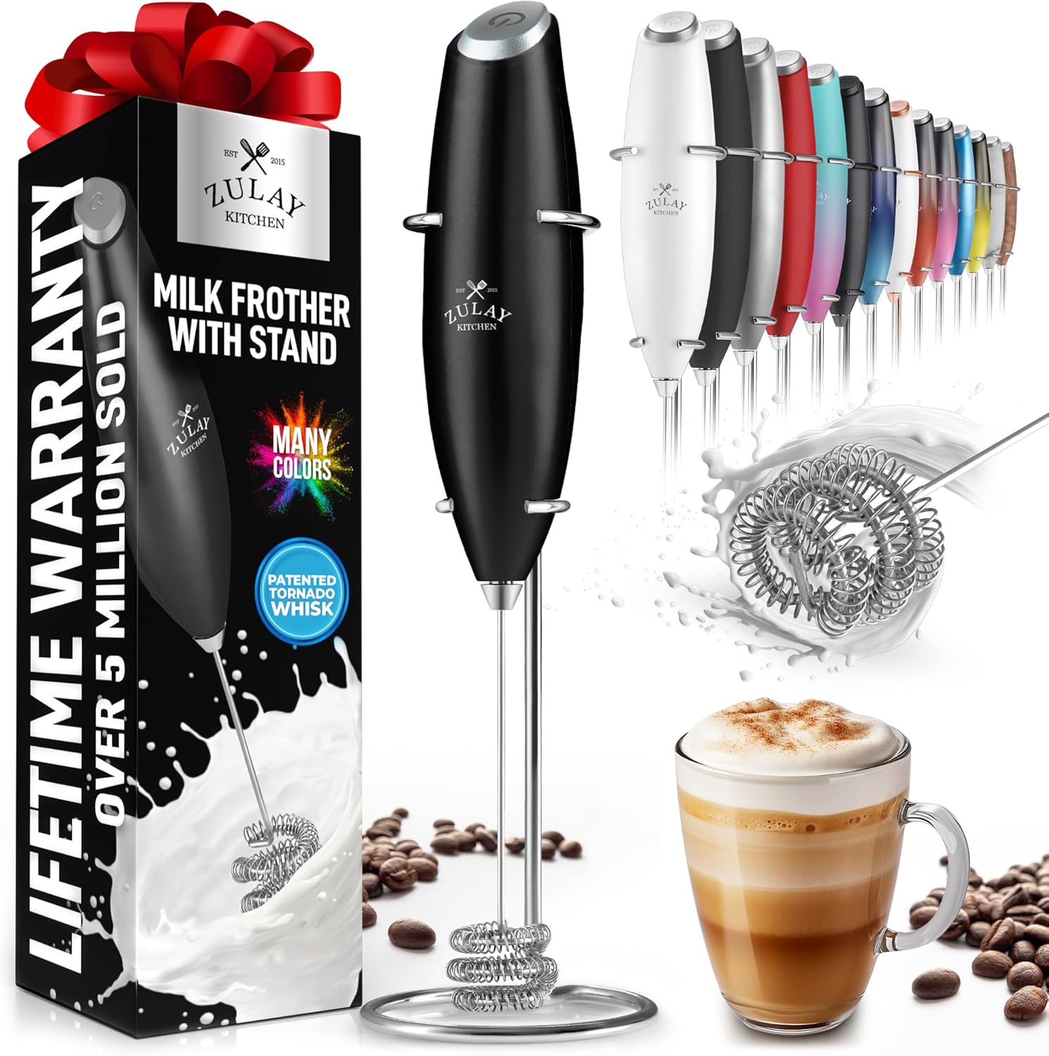 Zulay Kitchen Powerful Double Whisk Milk Frother Handheld - Foam Maker with Stand - Whisk Drink Mixer for Coffee, Mini Foamer for Latte, Matcha, Frappe, Hot Chocolate & Cappuccino (Black) - PuriLite