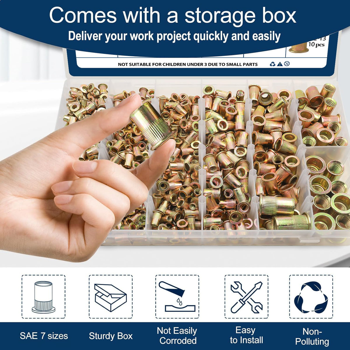 Vifmy Metric & SAE Rivet Nut Assortment Kit(420 Pcs),m3 m4 m5 m6 m8 m10 m12#6-32#8-32#10-24 1/4"-20 5/16"-18 3/8"-16 UNC Flat Head Rivnut Set,Zinc Plated Finish Carbon Steel Nutsert - PuriLite