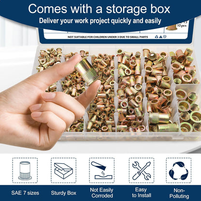 Vifmy Metric & SAE Rivet Nut Assortment Kit(420 Pcs),m3 m4 m5 m6 m8 m10 m12#6-32#8-32#10-24 1/4"-20 5/16"-18 3/8"-16 UNC Flat Head Rivnut Set,Zinc Plated Finish Carbon Steel Nutsert - PuriLite