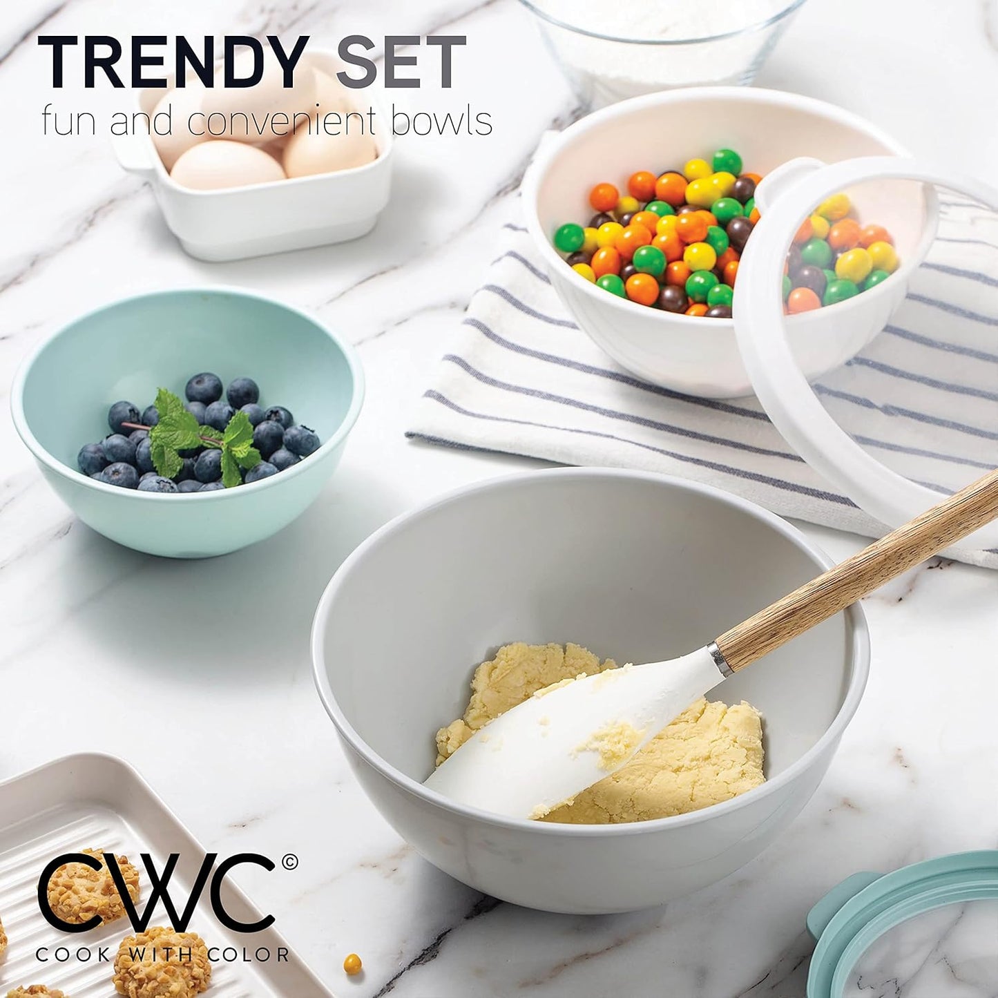 COOK WITH COLOR Mixing Bowls with TPR Lids - 12 Piece Plastic Nesting Bowls Set Includes 6 Prep Bowls and 6 Lids, Microwave Safe Mixing Bowl Set (Mint) - PuriLite
