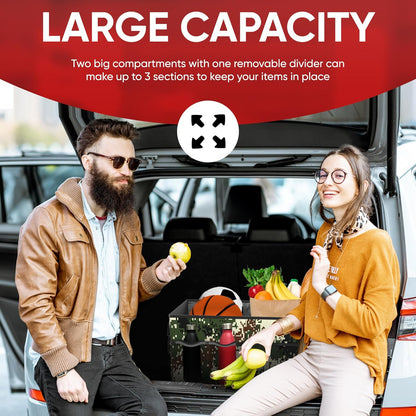 FORTEM Car Trunk Organizer, Collapsible Multi Compartment Car Organizer, Foldable SUV Storage for Car Accessories for Women Men, Non Slip Bottom, Securing Straps, Soft Cover 50L (Black, Standard) - PuriLite