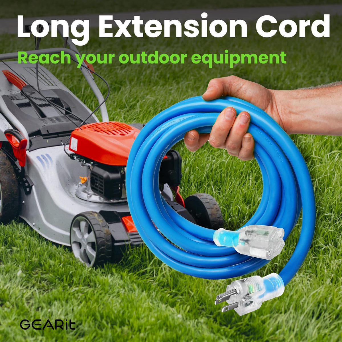 GEARit Outdoor 14 AWG Gauge 3 Prong Plug, Extension Cord, Ultra Heavy Duty SJEOW, 14/3, for Indoor/Outdoor, LED Lighted Plug, Resistant Rubber Jacket, Extreme Weather, 100 Feet, Blue - PuriLite