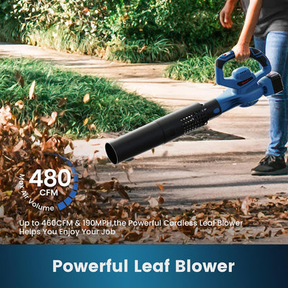 Leaf Blower Cordless,460CFM &190MPH,20V 4.0Ah Upgrade Battery Powered 2-in-1 Leaf Blower(Upgraded),6 Variable Speed,for Blowing Leaves,Debris,Snow and Dust,4.0Ah Battery&Charger Included(Blue) - PuriLite