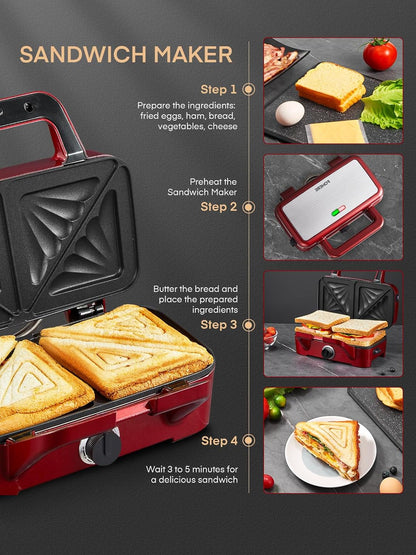 FOHERE 3-in-1 Waffle Maker, Sandwich Maker, Panini Press with Removable Plates, 5-Gear Temperature, LED Indicator Lights, Portable Handle, 1200W Belgian Electric Grill Cheese Machine - PuriLite