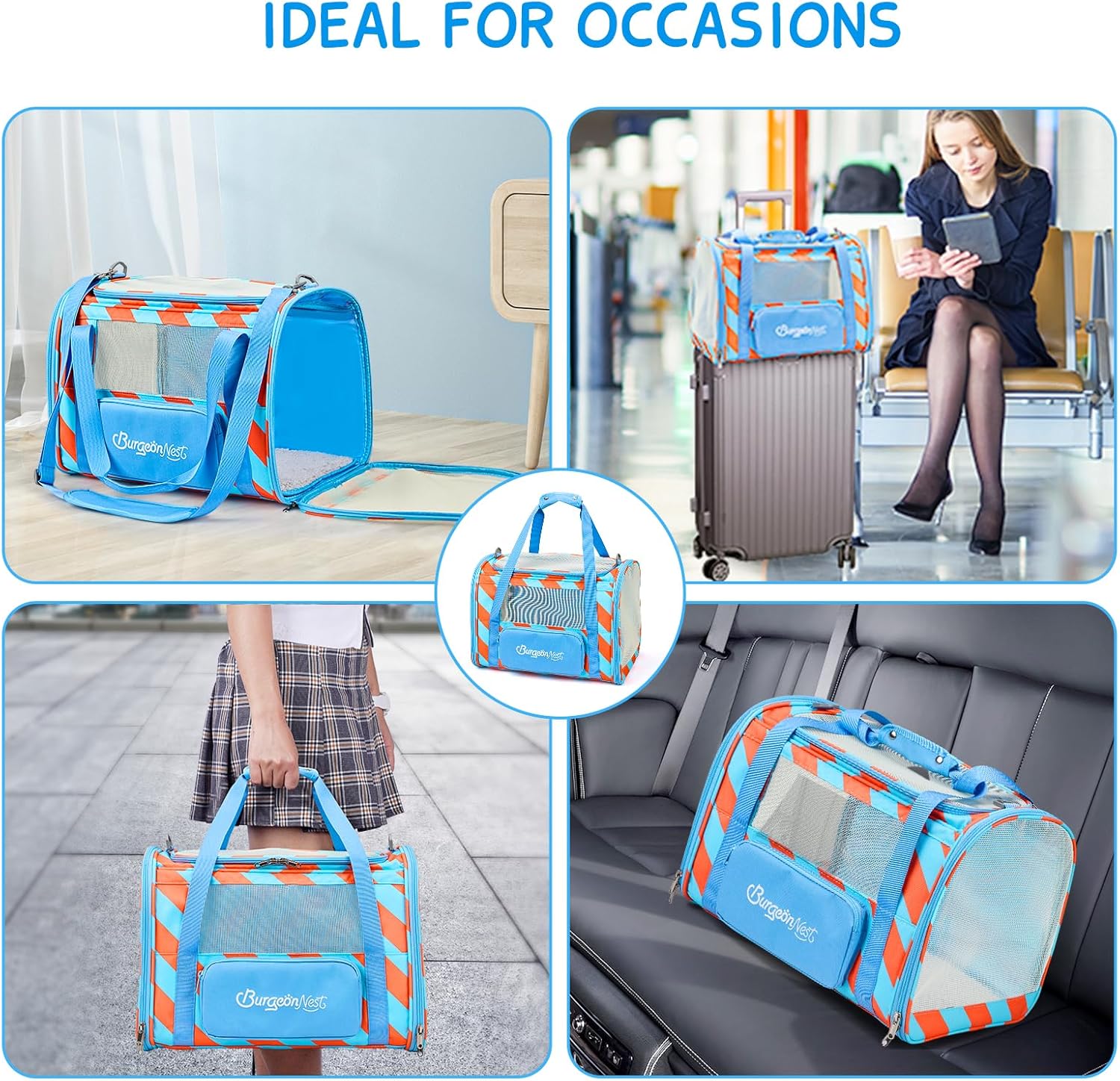 BurgeonNest Cat Carriers for Medium Cats Under 25 lbs, Pet Carrier for Cats with Unique Side Bag,Top Load Small Pet Carrier Soft-Sided Escape Proof with 4 Ventilated Windows - PuriLite