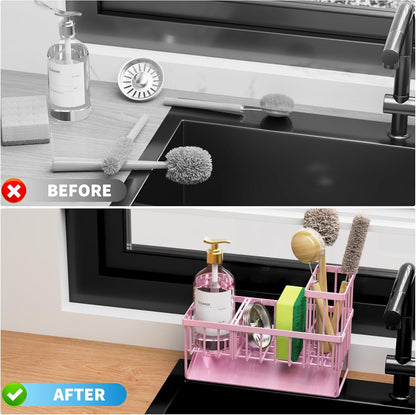 Cisily Kitchen Sink Caddy Organzier with High Brush Holder, Sponge Holder for Sink, 304 Rustproof Stainless, Kitchen Countertop Soap Dispenser Organizer, Kitchen Decor and Accessories (Black) - PuriLite