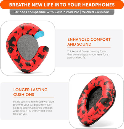 WC Upgraded Replacement Earpads for Corsair Void & Corsair Void Pro Wired & Wireless Gaming Headsets Made by Wicked Cushions | Improved Durability, Thickness, and Sound Isolation | (Red Camo) - PuriLite