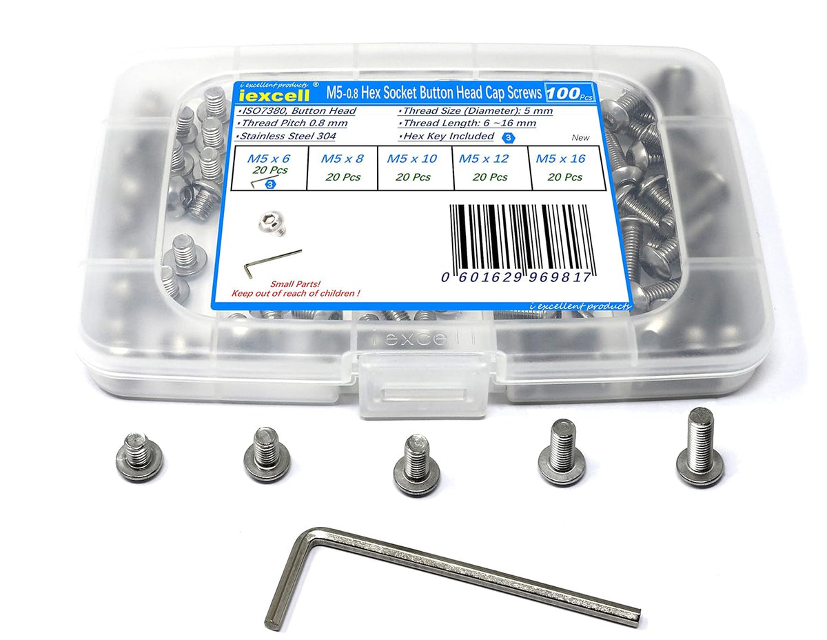 iexcell 50 Pcs M6 x 20mm Thread Pitch 1 mm Stainless Steel 304 Hex Socket Button Head Cap Screws Bolts Kit - PuriLite