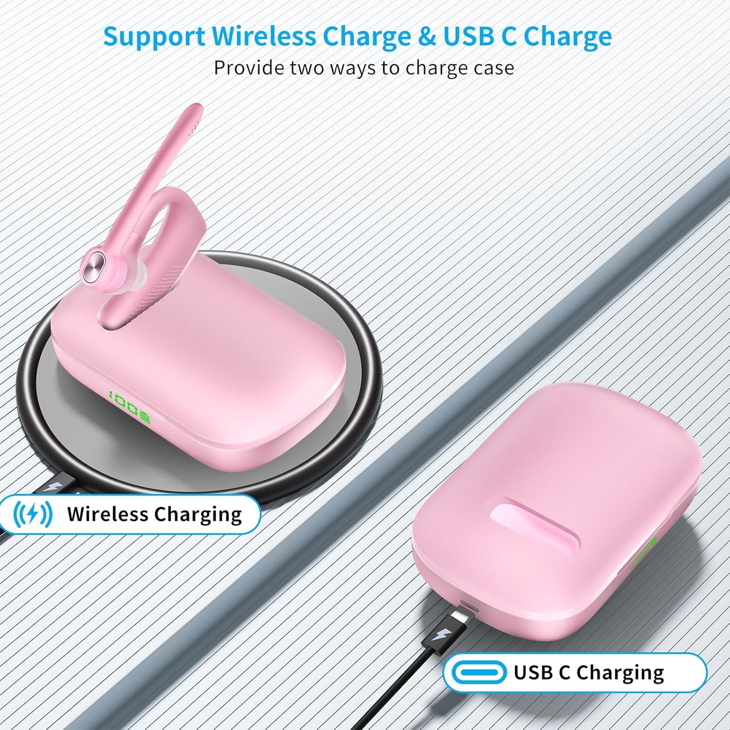 Wireless Headset Bluetooth Earpiece with Dual Noise Canceling Microphone Hands Free Headphones Single Ear Earphone Over Ear Earbud for iPhone Samsung Android Cellphones TV PC Trucker Game Work - PuriLite