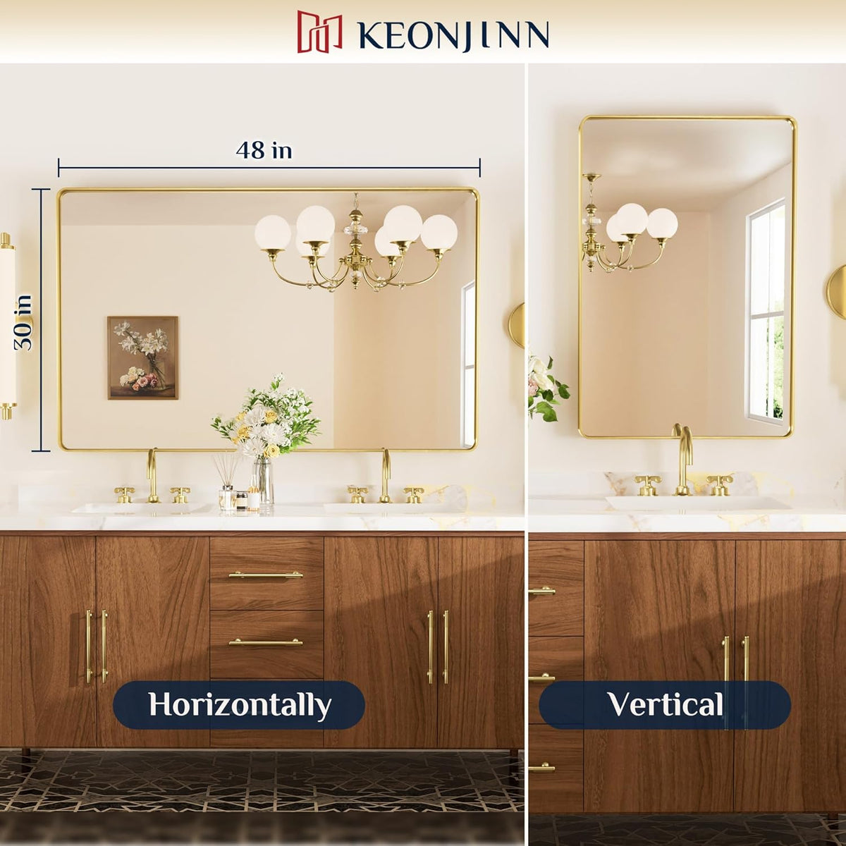 Keonjinn 42 x 36 Brushed Nickel Bathroom Vanity Mirror, Large Rounded Rectangle Bathroom Mirrors for over Sink, Metal Framed Silver Mirror for Wall, Shatterproof HD Tempered Glass(Horizontal/Vertical) - PuriLite