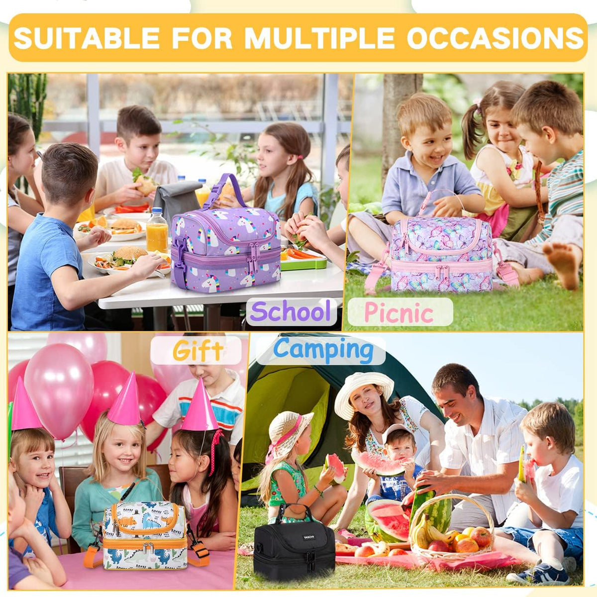 VASCHY Lunch Box Bag Men, Insulated Two Compartments Bento Cooler Bags for Adults/Women/Kids for School,Daycare,Kindergarten,Picnic Black - PuriLite