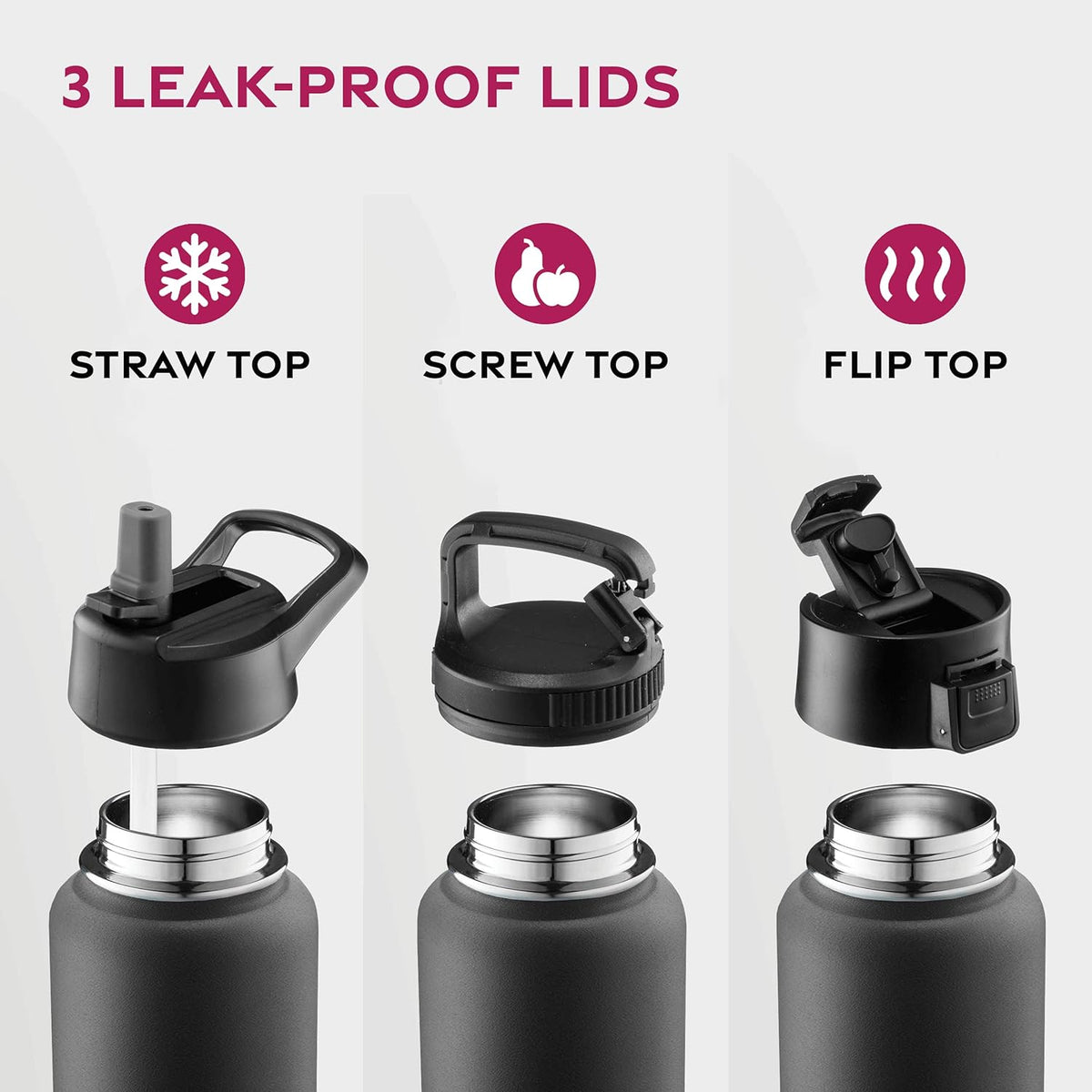 FineDine Water Bottle - Stainless Steel Insulated Water Bottle with Straw Lid, Flip Lid & Wide-Mouth Cap - Keeps Hot and Cold - 25 Oz / 739ml - Pure Pearly White - PuriLite