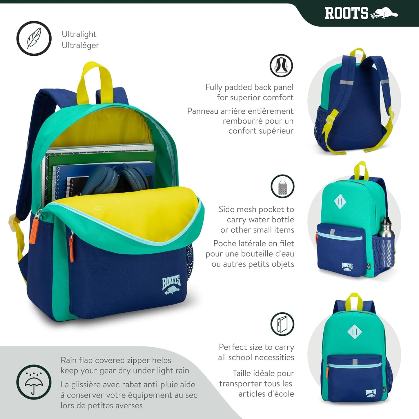 Roots Kids Lightweight Backpack — Made from 100% Recycled Fabrics with Rain Flap, Bottle Pocket, Reflective Accent, and Back Padding — 22.5 litres, Pink & Purple - PuriLite
