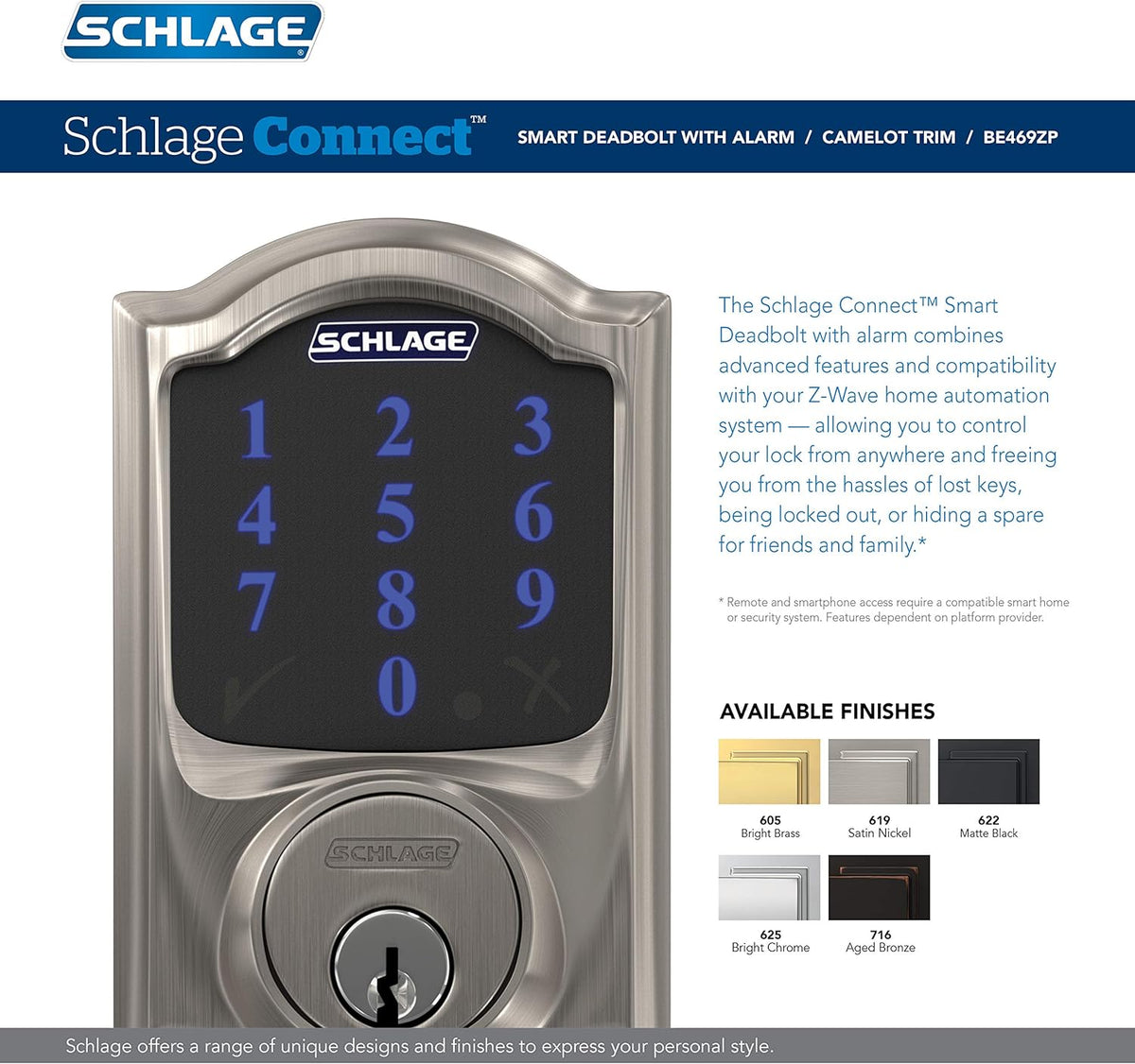 Schlage BE469ZP CAM 622 Connect Smart Deadbolt with Alarm with Camelot Trim in Matte Black, Z-Wave Plus Enabled - PuriLite