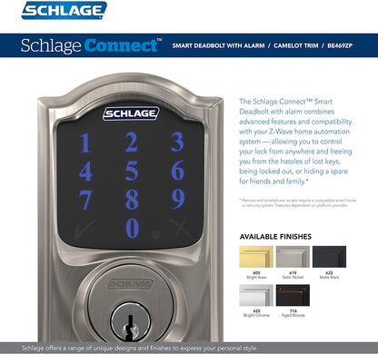 Schlage BE469ZP CAM 622 Connect Smart Deadbolt with Alarm with Camelot Trim in Matte Black, Z-Wave Plus Enabled - PuriLite