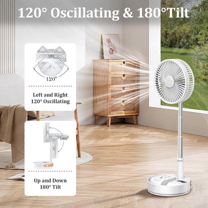 HHT Foldable Portable Standing Fan with Remote, 8" Rechargeable Floor Fan, 120° Quiet Oscillating Fan, 4 Speeds, LED Light, Timer, 7200mAh Battery, Adjustable Height Table Fan for Home Travel - PuriLite