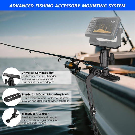 Velpaw 1.5" Ball Kayak Fish Finder Mount with Transducer Mounting Arm, Marine Electronic Mount Plate with Low Profile Track, Compatible with RAM Mounts, Scotty, Lowrance, Garmin - PuriLite