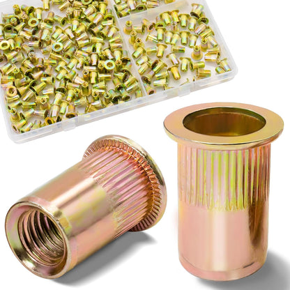 Vifmy Metric & SAE Rivet Nut Assortment Kit(420 Pcs),m3 m4 m5 m6 m8 m10 m12#6-32#8-32#10-24 1/4"-20 5/16"-18 3/8"-16 UNC Flat Head Rivnut Set,Zinc Plated Finish Carbon Steel Nutsert - PuriLite