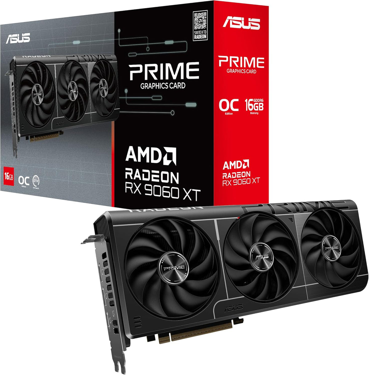ASUS Prime Radeon™ RX 9060 XT 16GB GDDR6 OC Edition Graphics Card (PCIe 5.0, HDMI/DP 2.1, 2.5-Slot Design, axial-tech Fans, Dual Ball Fan Bearings, Dual BIOS, ASUS GPU Guard) - PuriLite