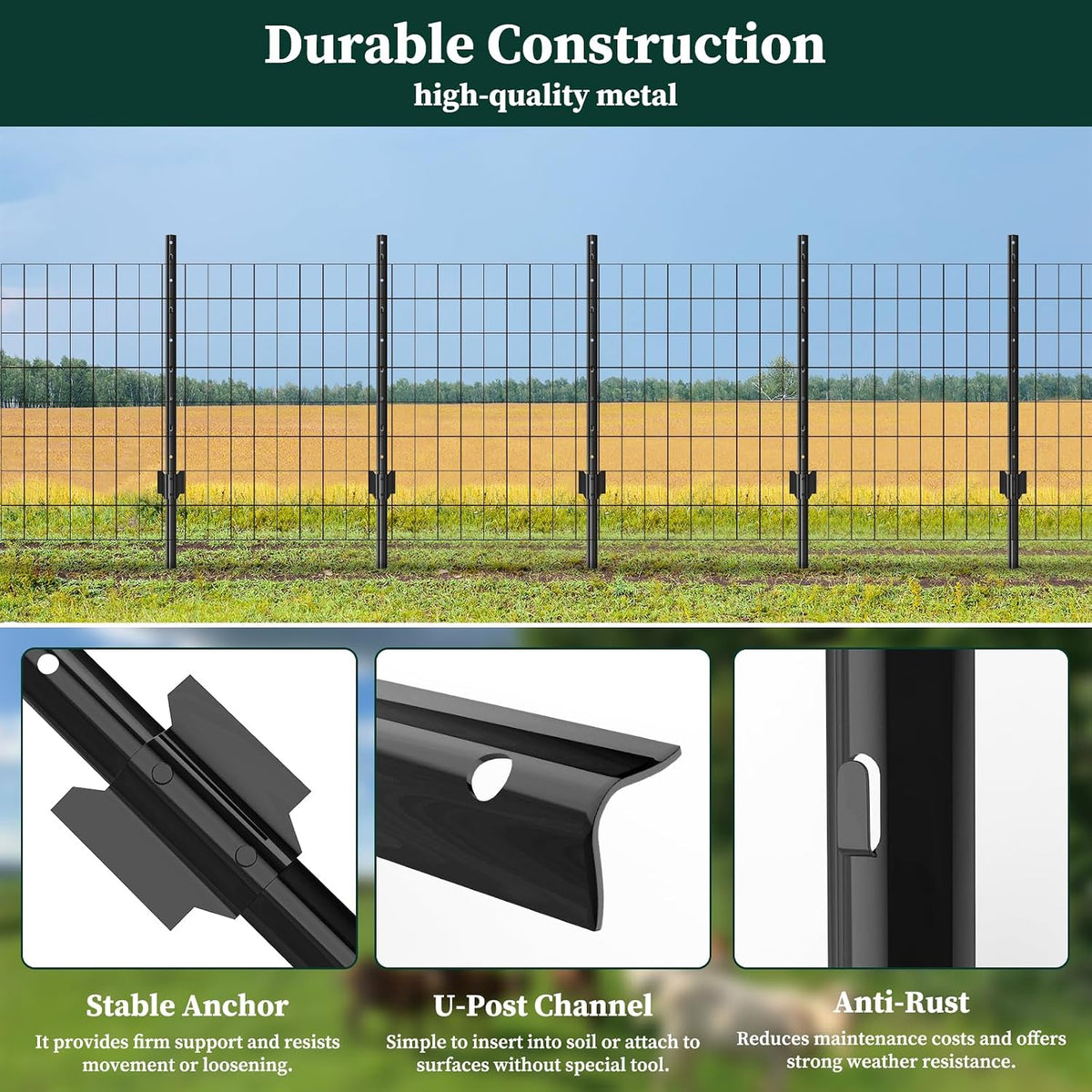 Metal Garden Fence Posts– Heavy Duty U-Post for Wire Fencing, 5 FT Black