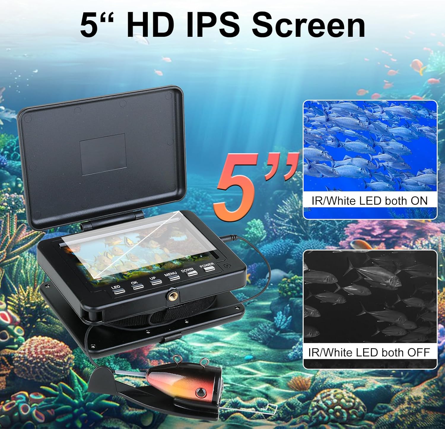 Underwater Fishing Camera for Rod, 5 Inch LCD Monitor with 1080P Portable Fish Finder, Adjustable LED White Light, 15M Cable Aluminum IP68 Camera for Ice Lake Sea Boat Kayak Fishing - PuriLite