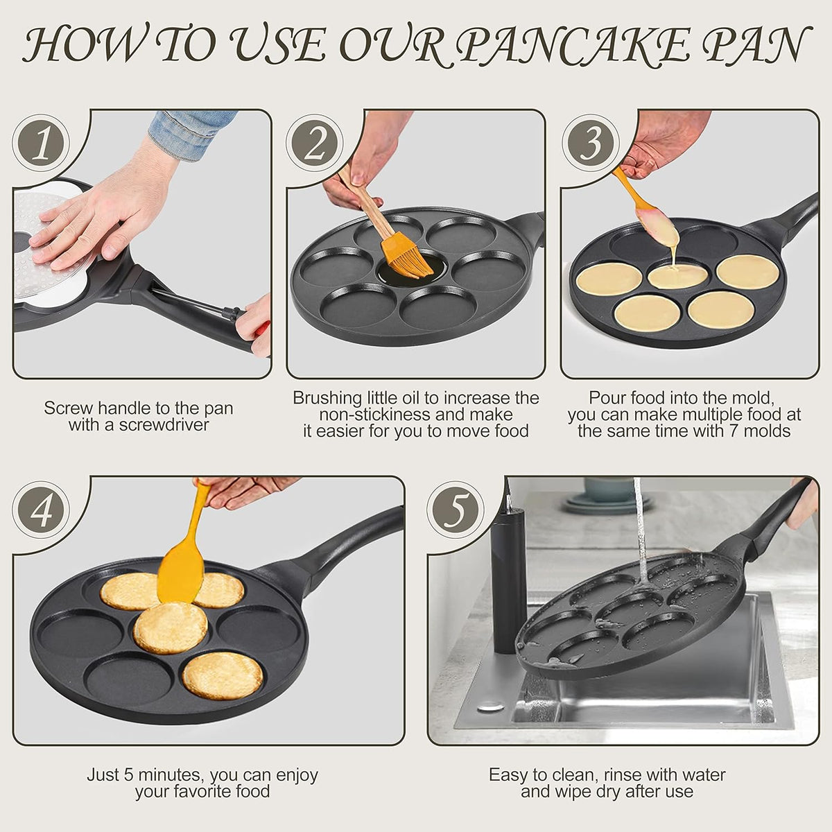 KRETAELY Nonstick Pancake Pan Pancake Griddle with 7-Mold Design Mini Pancake Maker with PFOA Free Coating-Black - PuriLite