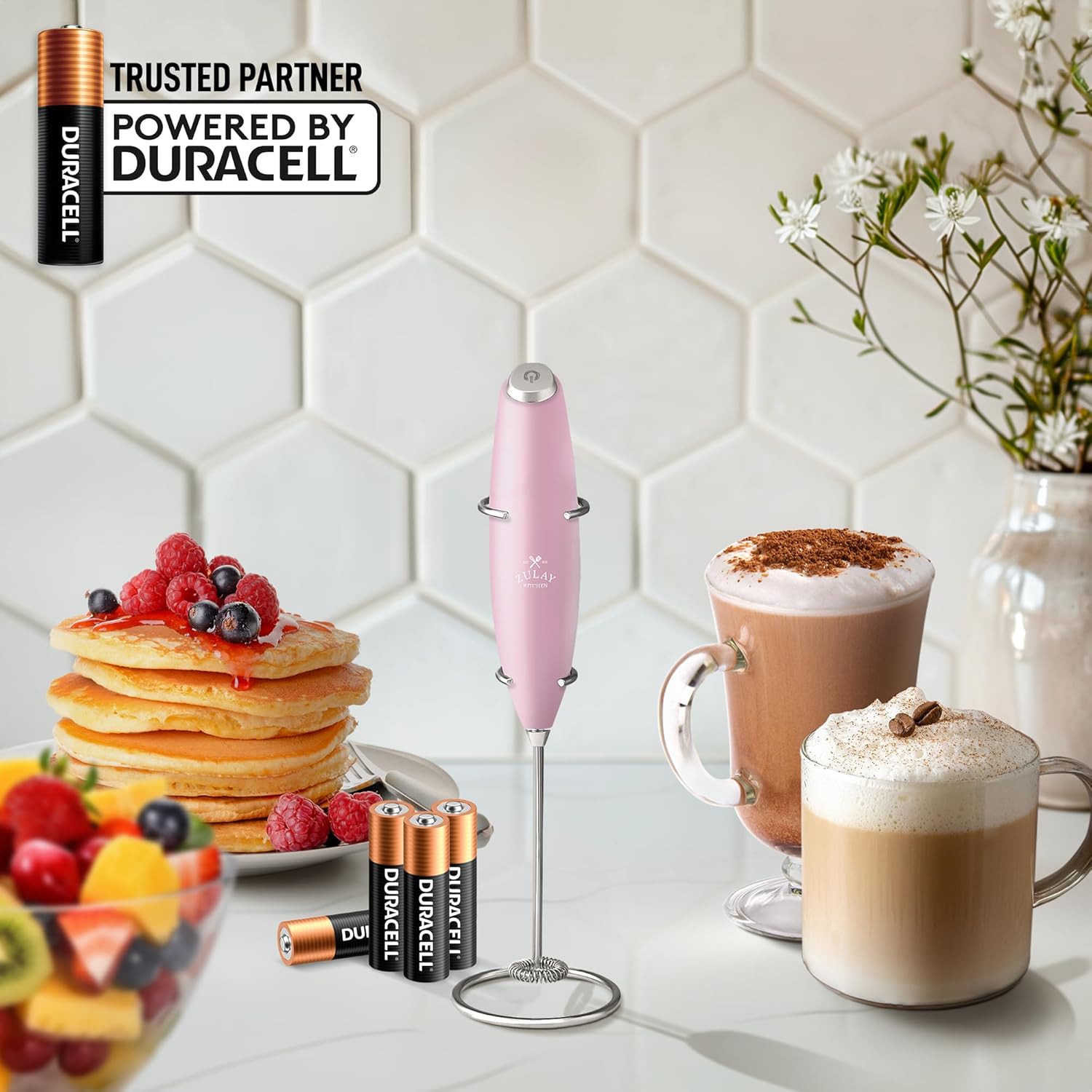 Zulay Kitchen Powerful Double Whisk Milk Frother Handheld - Foam Maker with Stand - Whisk Drink Mixer for Coffee, Mini Foamer for Latte, Matcha, Frappe, Hot Chocolate & Cappuccino (Black) - PuriLite