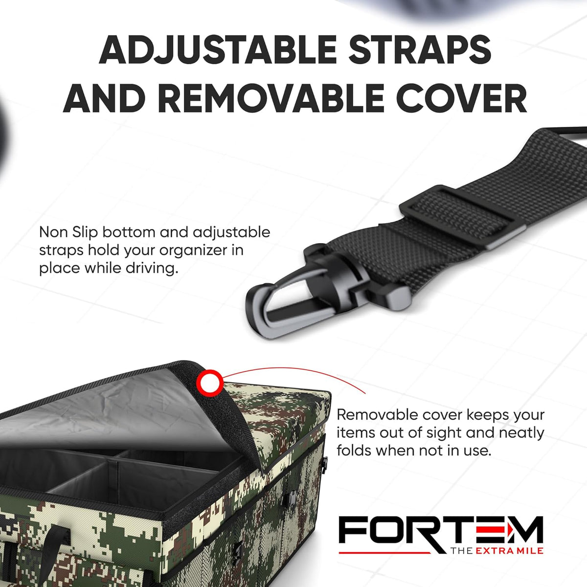 FORTEM Car Trunk Organizer, Collapsible Multi Compartment Car Organizer, Foldable SUV Storage for Car Accessories for Women Men, Non Slip Bottom, Securing Straps, Soft Cover 50L (Black, Standard) - PuriLite