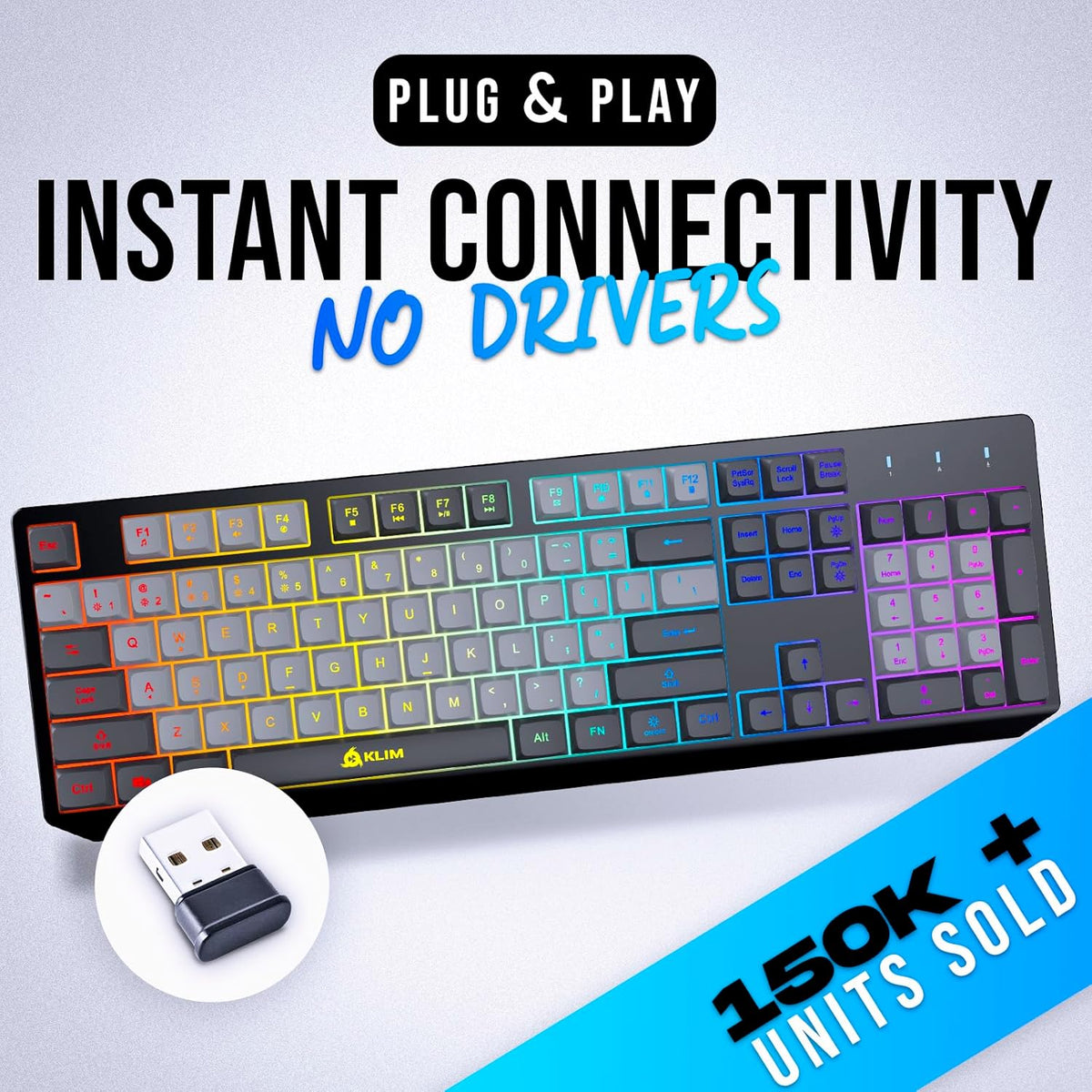 KLIM  Chroma Wireless Gaming Keyboard RGB New - Long-Lasting Rechargeable Battery - Quick and Quiet Typing - Water Resistant Backlit Wireless Keyboard for PC PS5 PS4 Mac - Black - PuriLite
