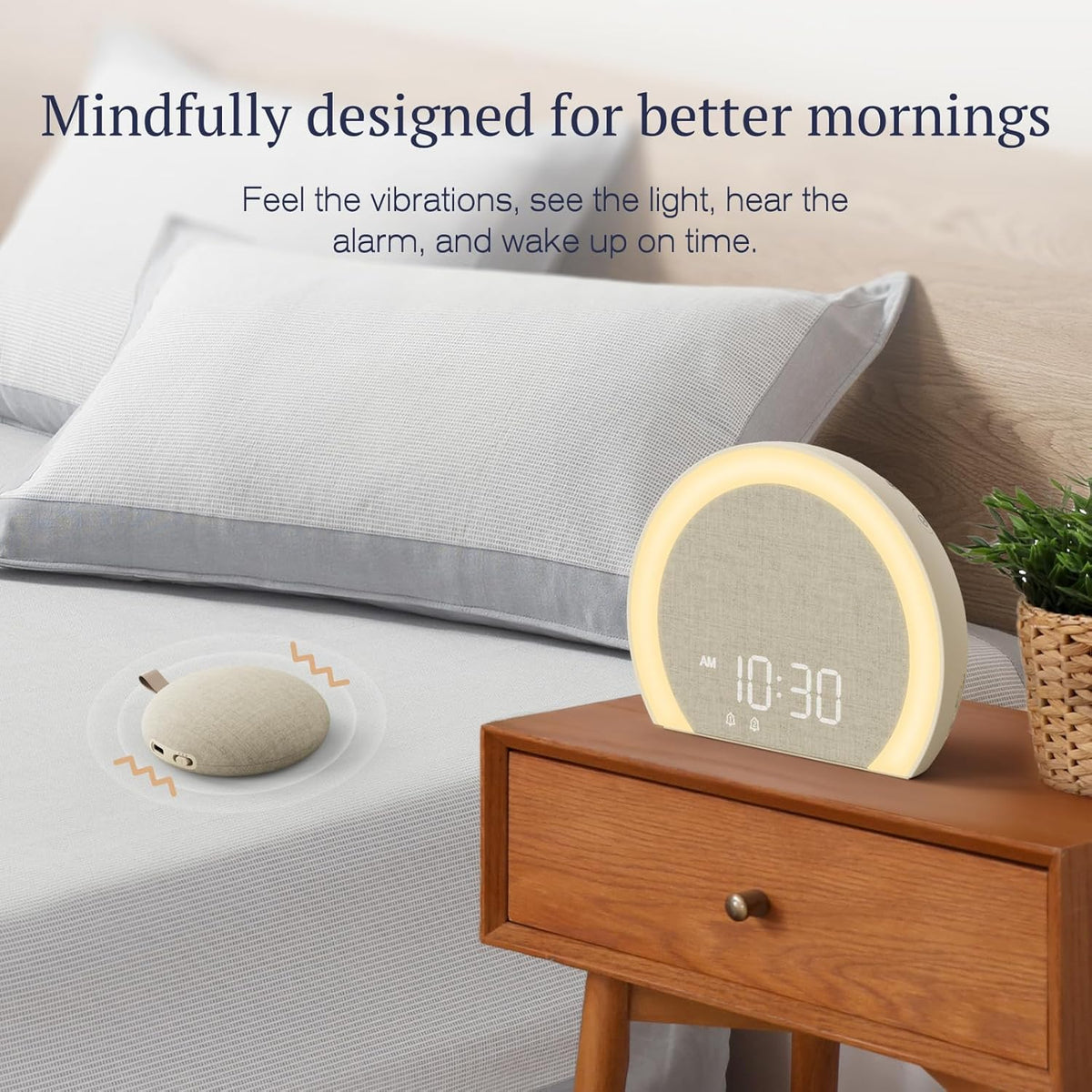 ANJANK Loud Alarm Clock with Wireless Bed Shaker, Vibrating Dual Alarm with Light Wake Up for Heavy Sleepers & Hearing Impaired, 9-Color Night Light, 5 Sounds, 0-100% Dimmer, USB Charger, Bedroom - PuriLite